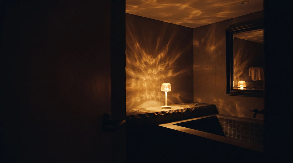 A dark bathroom at night lit only by the warm amber glow of a Hush Glow lamp