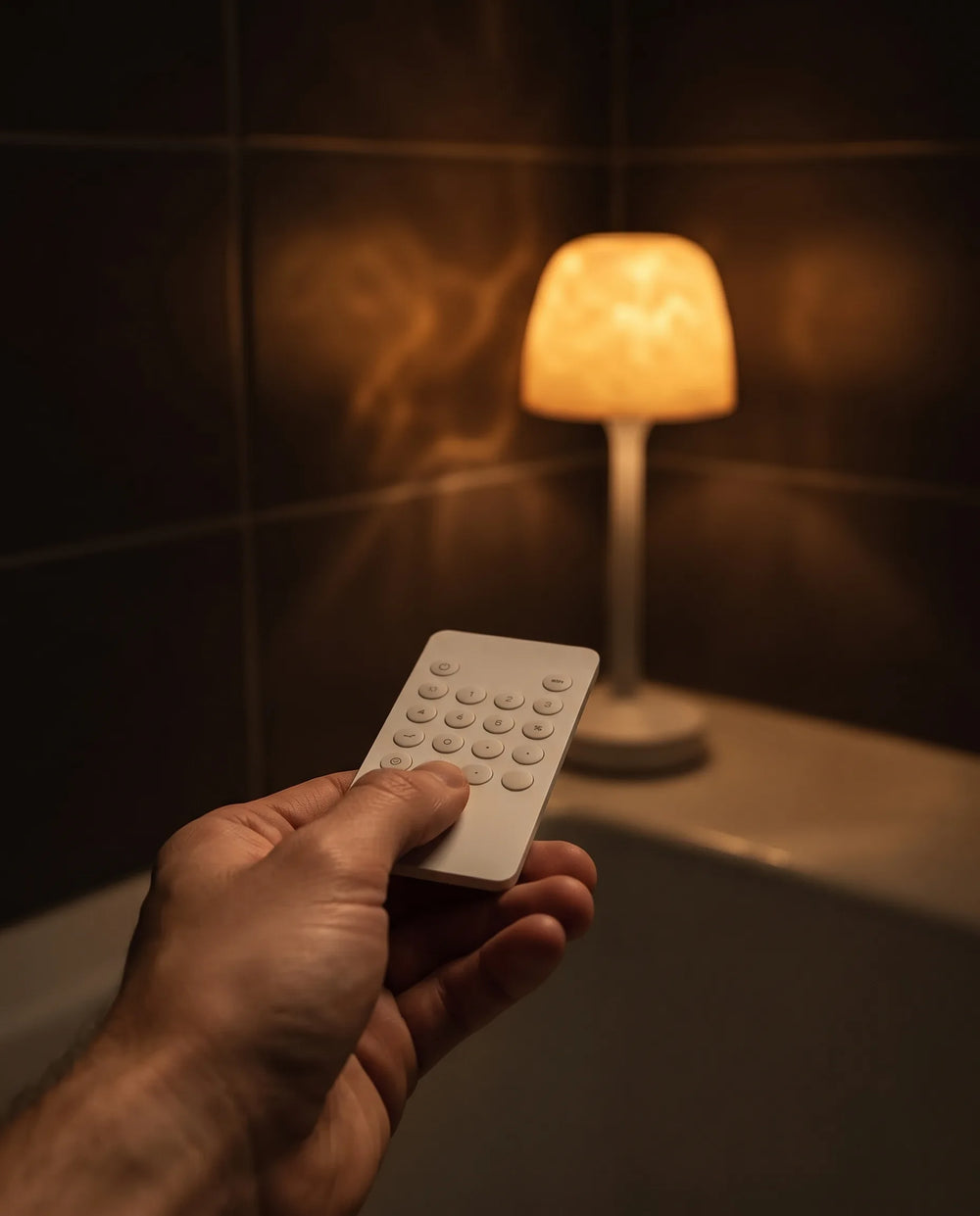 A hand pressing the Hush Glow® remote as the lamp glows amber behind
